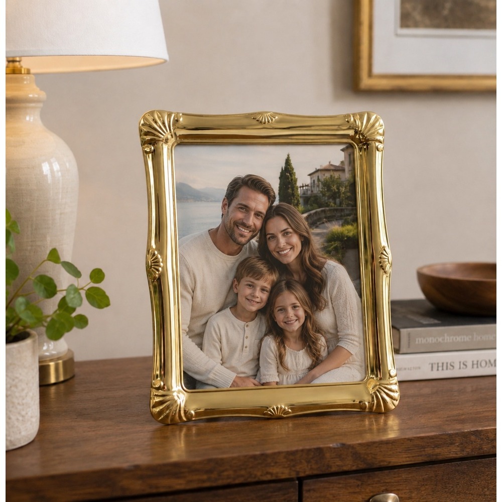 Vintage Brass 8x10 Picture Frame Ornate Polished Gold Tone Shell Detail Tabletop